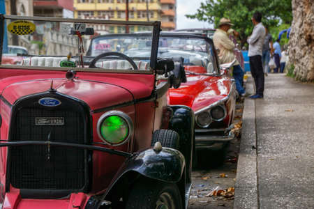 Havana, Cuba - May 17, 2019: Classic Old Taxi Car in the streets of the beautiful Old Havana City...