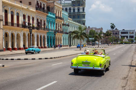 Havana, Cuba - May 19, 2019: Classic Old American Car in the streets of the Old Havana City during a...