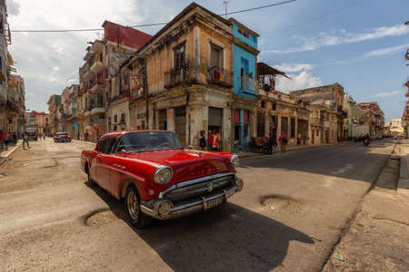 Havana, Cuba - May 14, 2019: Classic Old Taxi Car in the streets of the Old Havana City during a vibrant and bright sunny morning.のeditorial素材
