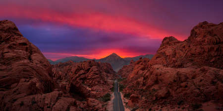 Valley of Fire State Park, Nevada, United States. Aerial panoramic view on the scenic road in the...