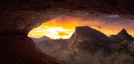 Dramatic American Landscape Fantasy Composite. Sunset or Sunrise Colorful Cloudy Sky. Panorama Nature Background.の写真素材