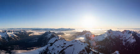 Aerial Panoramic View of Remote Canadian Mountain Landscape during sunny sunrise. Located near Vancouver, British Columbia, Canada. Nature Panorama Background. Authenticの写真素材