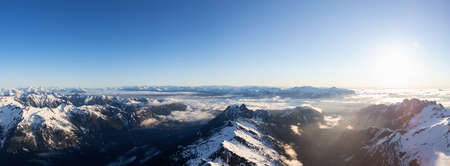 Aerial Panoramic View of Remote Canadian Mountain Landscape during sunny sunrise. Located near Vancouver, British Columbia, Canada. Nature Panorama Background. Authenticの写真素材