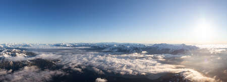 Aerial Panoramic View of Remote Canadian Mountain Landscape during sunny sunrise. Located near Vancouver, British Columbia, Canada. Nature Panorama Background. Authenticの写真素材