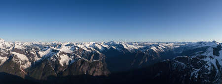 Aerial Panoramic View of Remote Canadian Mountain Landscape during sunny morning. Located near Vancouver, British Columbia, Canada. Nature Panorama Background. Authenticの写真素材