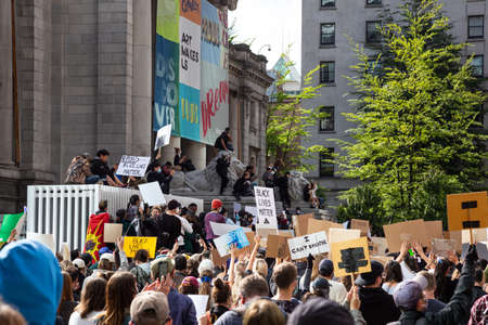Downtown Vancouver, British Columbia, Canada - May 31, 2020: Big Crowd of People Protesting on Black...