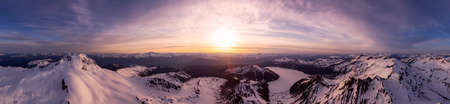 Aerial Panoramic View of Canadian Mountain Landscape during a colorful sunset. Taken in Garibaldi, near Whistler and Squamish, North of Vancouver, British Columbia, Canada. Nature Background Panoramaの写真素材