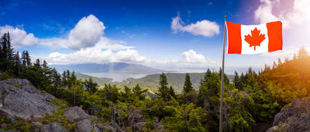 Canadian National Flag Composite. Beautiful Panoramic Landscape view from top of Mt. Gardener Hike with Vancouver City in Background. Located in Bowen Island, British Columbia, Canada.の写真素材