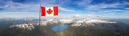 Canadian National Flag Overlay. Aerial View of Garibaldi surrounded by Beautiful Canadian Mountain Landscape during a sunny day. Taken near Squamish and Whistler, North of Vancouver, BC, Canada.の写真素材
