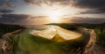 Aerial Panoramic View of a Beautiful Sandy Beach and a Lagoon on the Pacific Ocean Coast during a...