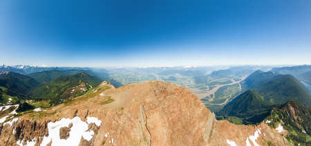 Aerial Panoramic view of Cheam Mountain during a sunny summer morning. Taken near Chilliwack, East...