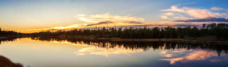 Panoramic View of a Beautiful Canadian Landscape with reflection on the lake during a Sunny Summer Sunset. Taken near Clinton, British Columbia, Canada. Nature Background Panoramaの写真素材