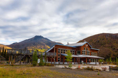 Tombstone Territorial Park, Yukon, Canada - August 29, 2020: Interpretive Centre with Mountains in the Background on a Cloudy Morning at Sunrise.のeditorial素材