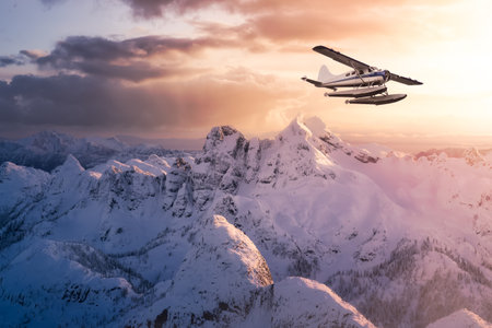 Airplane flying near the beautiful mountain nature