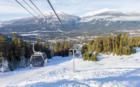 Whistler, British Columbia, Canada - Jan 18, 2021: Aerial View of the Gondola going up the Blackcomb Mountain during a sunny winter morning.のeditorial素材