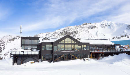 Whistler, British Columbia, Canada - March 8, 2021: Aerial View of a big Cabin on a Ski Resort...