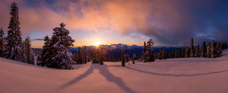 Panoramic View of Canadian Nature Landscape on top of snow covered mountain and green trees during...