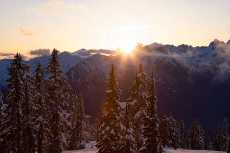 View of Canadian Nature Landscape on top of snow covered mountain and green trees during colorful spring sunset. Taken on a snowshoe hike up Elfin Lake in Squamish, North of Vancouver, BC, Canada.の写真素材