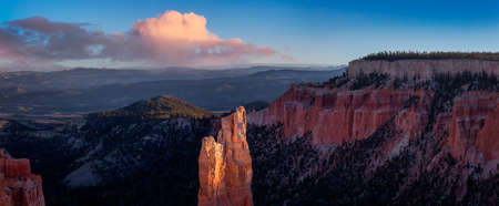 Aerial panoramic view of the beautiful American Canyon Landscape. Dramatic Colorful Sunset Sky Artistic Render. Taken in Bryce Canyon National Park, Utah, United Statesの写真素材