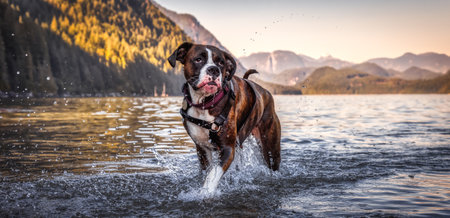 Playful and Funny Boxer Dog swimming in the water. Hot Sunny Summer Day. Alouette Lake in Maple...