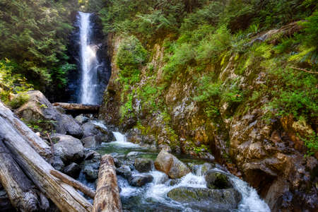 Norvan Falls and river stream in the natural canyon during the summer time. Canadian Nature Background. Lynn Valley, North Vancouver, British Columbia, Canada.の写真素材