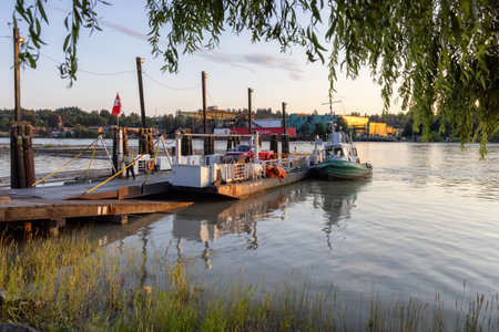 Surrey, Greater Vancouver, British Columbia, Canada - July 7, 2021: Barnston Island Ferry going across Fraser River during sunny summer sunset.のeditorial素材