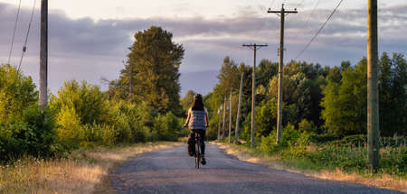 Adventurous White Cacasusian Woman riding a bicycle on a road. Sunny Summer Sunset. Barnston Island, Vancouver, British Columbia, Canada. Adventure Journey Conceptの写真素材