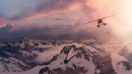 Adventure Composite Image of 3D CGI Seaplane flying over Canadian Rocky Mountains in British...