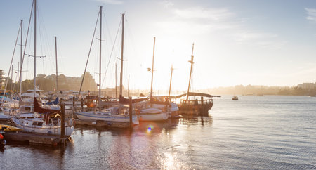 Downtown Victoria, Vancouver Island, British Columbia, Canada - August 18, 2021: Sailboats parked at...