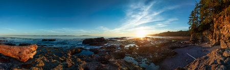 Panoramic View of Botanical Beach on the West Coast of Pacific Ocean. Summer Sunset. Canadian Nature Panorama Background. Port Renfrew near Victoria, Vancouver Island, British Columbia, Canada.の写真素材
