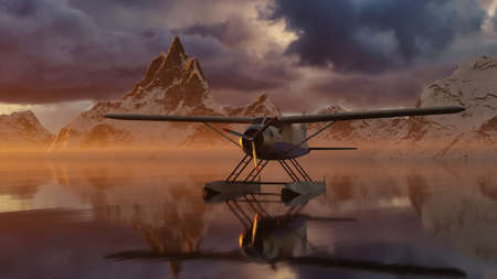 3D Rendering. Seaplane in Glacier Lake Water surrounded by Rugged Alpine Mountain Landscape. Dramatic Sunset Sky.の写真素材