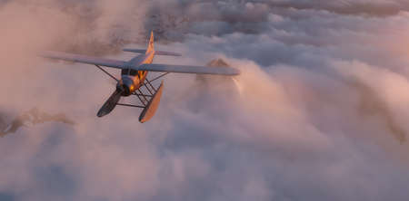 Seaplane flying around the clouds and mountains. Dramatic Sunset. 3d Rendering Airplane. Aerial Background from British Columbia, Canada.の写真素材
