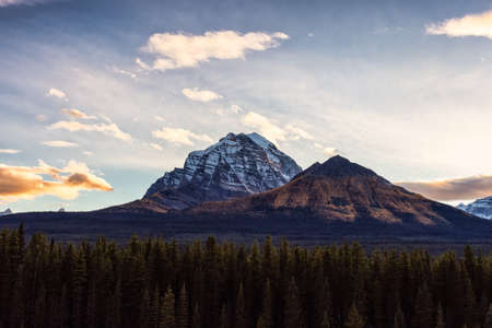 Canadian Rocky Mountain Landscape. Fall Season Sunset Sky. Lake Louise, Banff National Park, Alberta, Canada.の写真素材