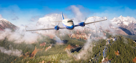 Twin Engine Airplane Flying over the Rocky Mountain Landscape. Adventure Composite. 3D Rendering...