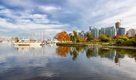 Stanley Park in Coal Harbour, Downtown Vancouver, British Columbia, Canada. Fall Season Colors. Marina in Urban Modern City.の写真素材