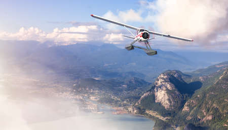 Seaplane Flying over the touristic town and Mountains Landscape. Extreme Adventure Composite. 3D...