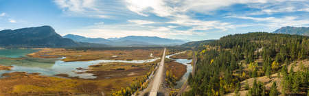 Aerial panoramic view of a scenic highway around mountains. East Kootenay, British Columbia, Canada.の写真素材