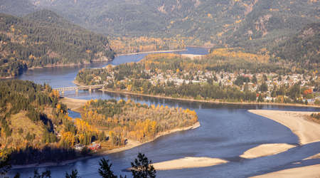 View of Hope, British Columbia, Canada. Sunny Fall Season Day. Dragons Back Hike Viewpoint.