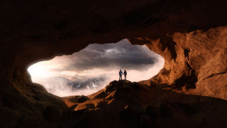 Man and Woman Hiker holding hands in a rocky cave. Dramatic Colorful Sunset. 3d rendering. Aerial Background Landscape Image from British Columbia, Canada. Adventure Conceptの写真素材