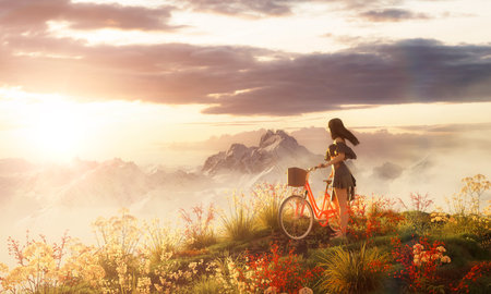 White caucasian adult woman with a bicycle in the meadows on top of a mountain. 3d rendering art. Sunset Sky. Aerial landscape background image from British Columbia, Canada.の写真素材