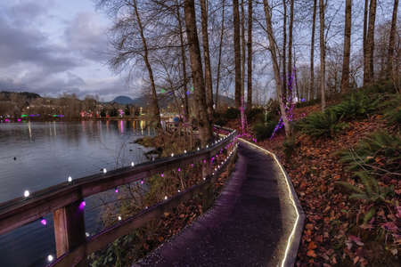 Trail in a park around Lafarge Lake with Christmas Lights. Located in Coquitlam, Greater Vancouver,...