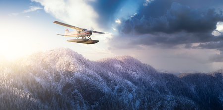 Seaplane Flying over the Rocky Mountain Landscape. Adventure Composite. 3D Rendering Airplane....