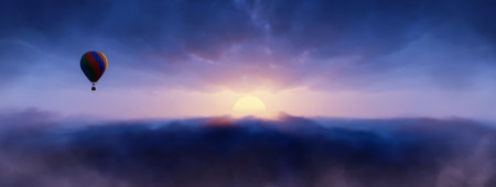 Hot Air Balloon flying over Dramatic Cloudscape. Dream and Fantasy Artwork. Sunset or Sunrise Colorful Sky. 3d Renderingの写真素材