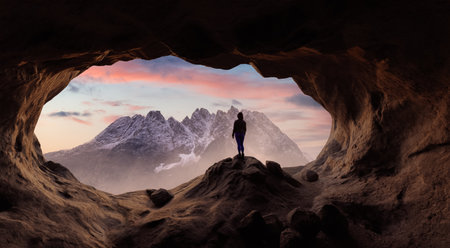 Dramatic Adventurous Scene with Woman standing inside a Rocky Cave Landscape. 3d Rendering. Sunset...