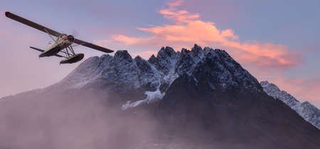 Dramatic Mountain Landscape with Seaplane Aircraft Flying. Sunset or Sunrise Colorful Sky.. 3d Rendering Adventure Dream Concept Artwork. Background Nature Image from Alaska.の写真素材