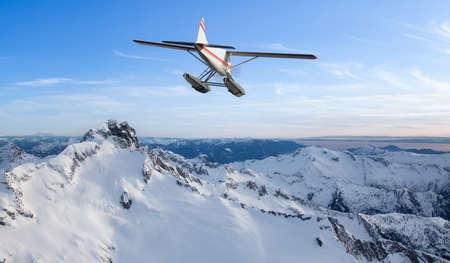 Seaplane flying over the Rocky Mountains. 3d Rendering Airplane Adventure Artwork. Aerial Image from...