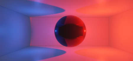 Abstract 3d Rendering. Red and Blue Light. Sphere in Box Room. Digital Backgroundの写真素材