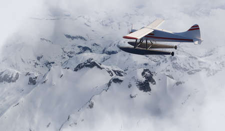 View of Canadian Mountain Landscape with Seaplane Flying. Dramatic Cloudy Sky Art Render. 3d...