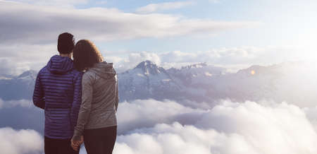 Man and Woman Standing Together enjoying the landscape view. Cloudy sunset art render. Adventure...