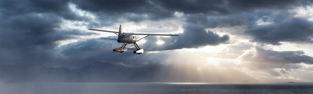 Seaplane Aircraft Flying over the Pacific Ocean Coast. Cloudy morning Colorful Sky. 3d Rendering...